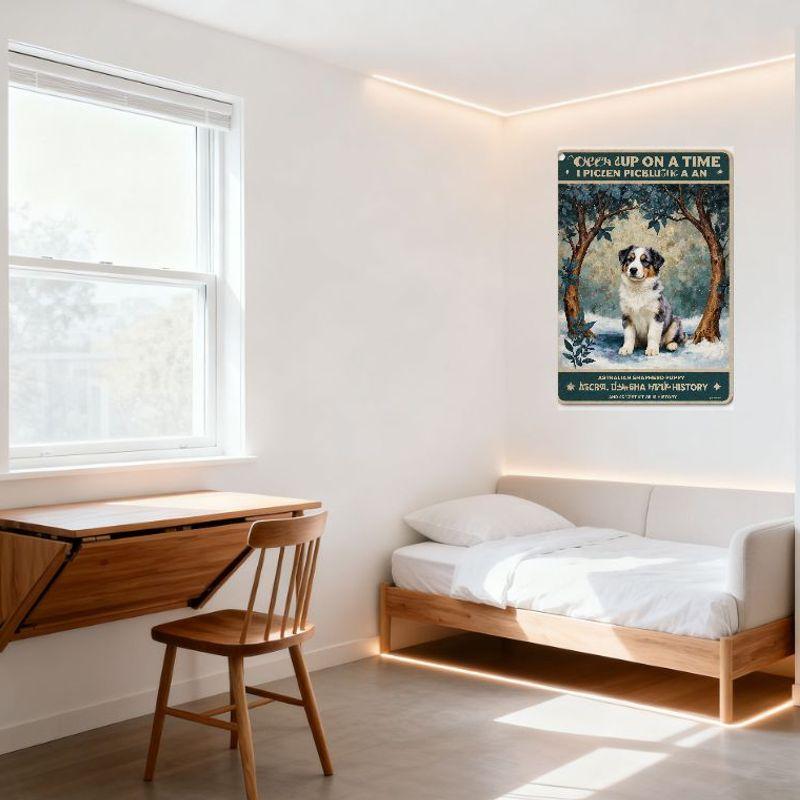 Vintage Australian Shepherd Puppy Metal Tin Sign Snowy Forest Retro Whimsical Wall Decor for Bar Pub Home Cafe 8x12 Inch
