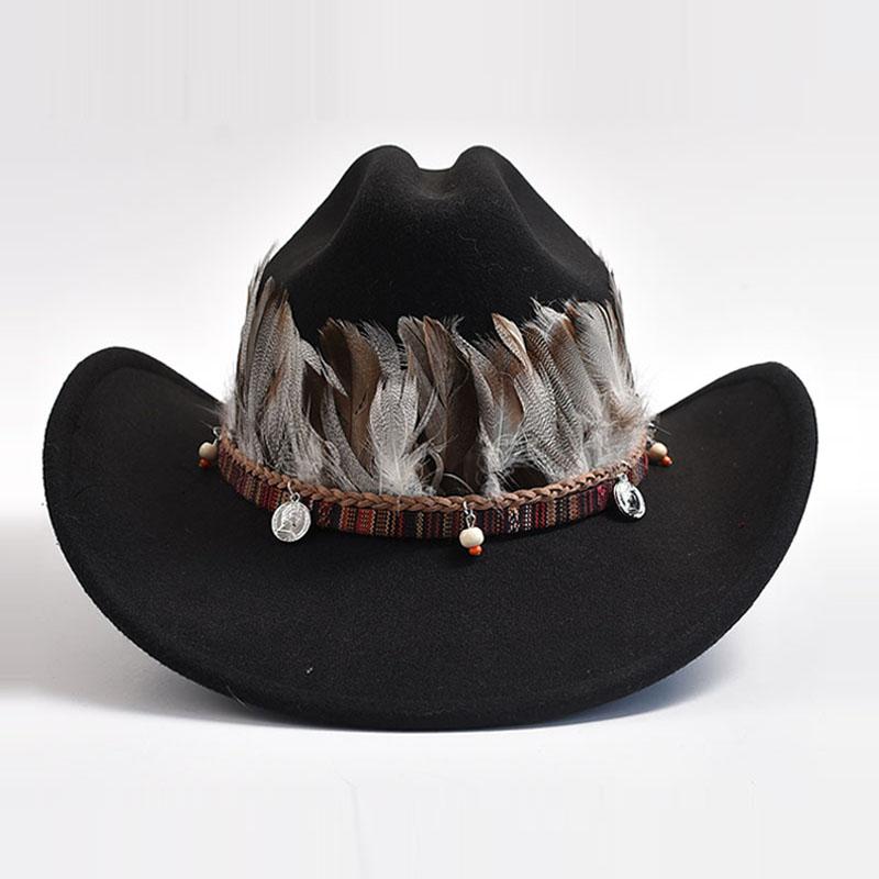 New Vintage Feather Decoration Western Cowboy Hats for Men Women Fashion Wide Brim Church Jazz Hat Sombrero Hombre Caps