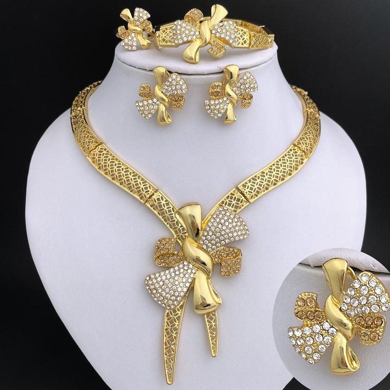 Italy 18k Gold Plated Women Zircon Set Classic Design Bowknot Necklace Earring Bracelet And Ring 4PCS Set Zircon Wedding Party