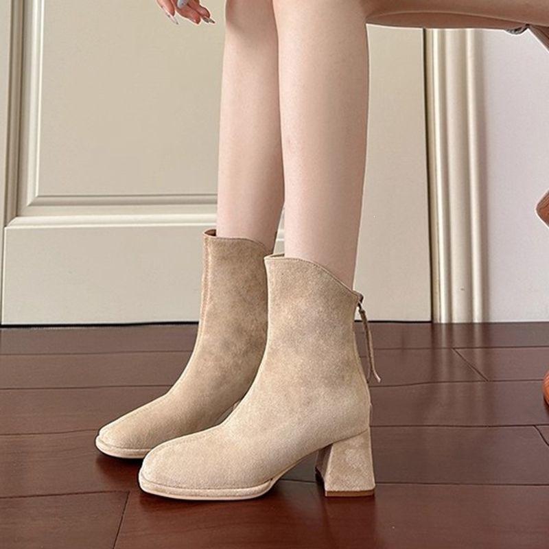 Autumn and winter short boots new French square head suede elastic thin boots fashion thick heel small temperament versatile