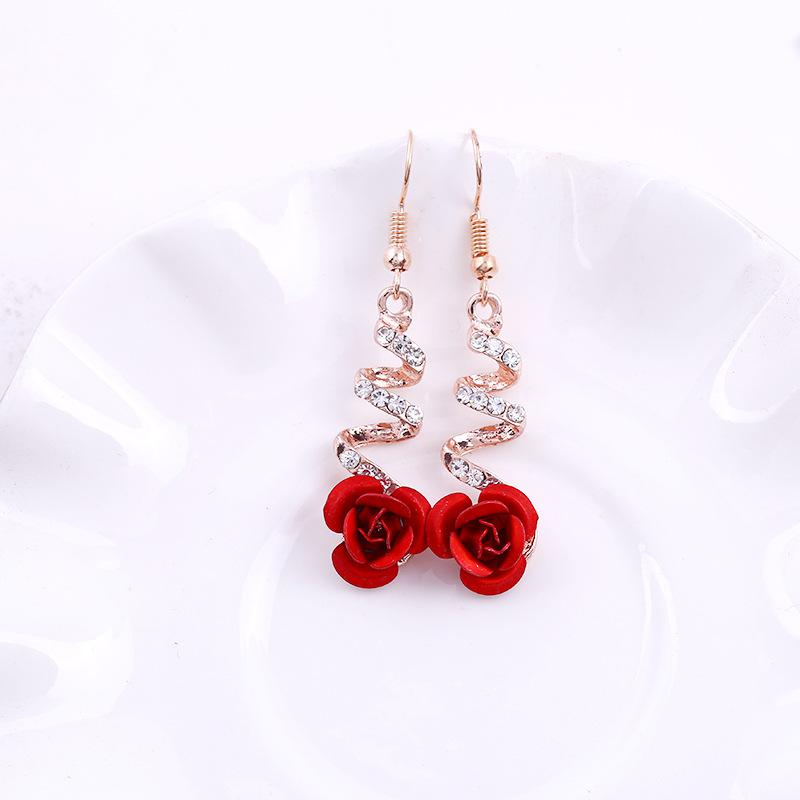 

Fashion Sweet Romantic Rhinestone Red Rose Flower Earrings Long Hollow Stereo Curve Crystal Pendant Wedding Earrings