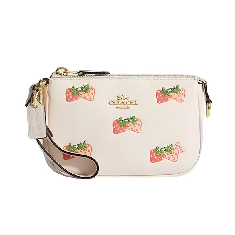 

COACH Nolita 15 Strawberry Print Zipper Closure Strapless Pebbled Cowhide Mahjong Bag Underarm Bag Clutch Tote Mini Women’s White белый