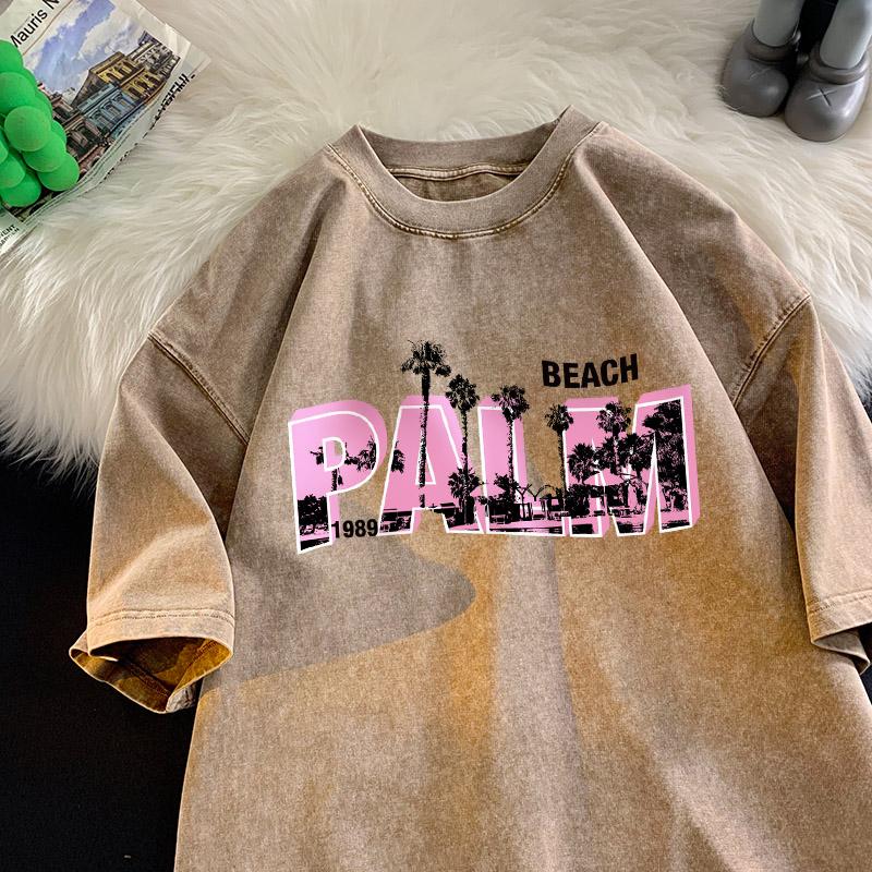 Palm Beach Print T-shirt Men Pink Letter Shirt Cotton Vintage Washed Tee Street Soft Comfort T-shirts Men Clothing