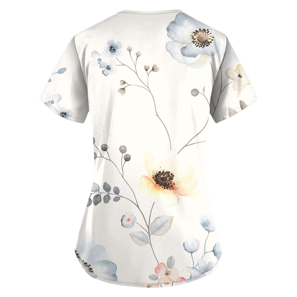 Women's Floral Printing Short Sleeve V-neck Tops Working Uniform Pocket Blouse