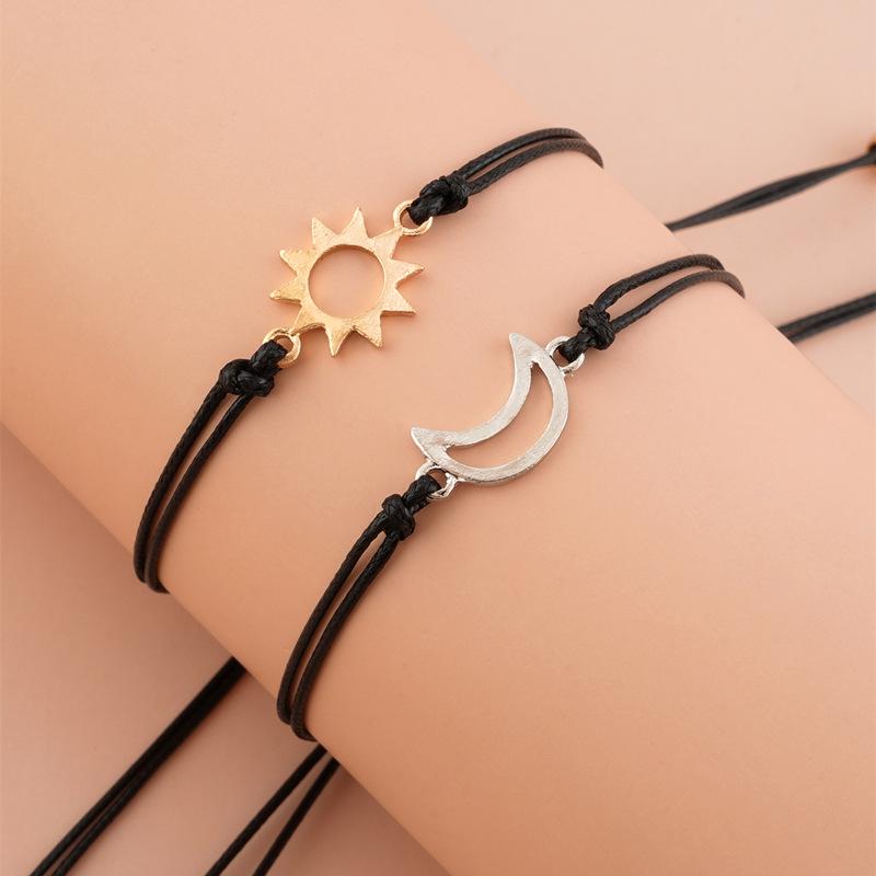 Sun & Moon Adjustable Wax Cord Bracelet - Alloy, Woven, Couple's Jewelry