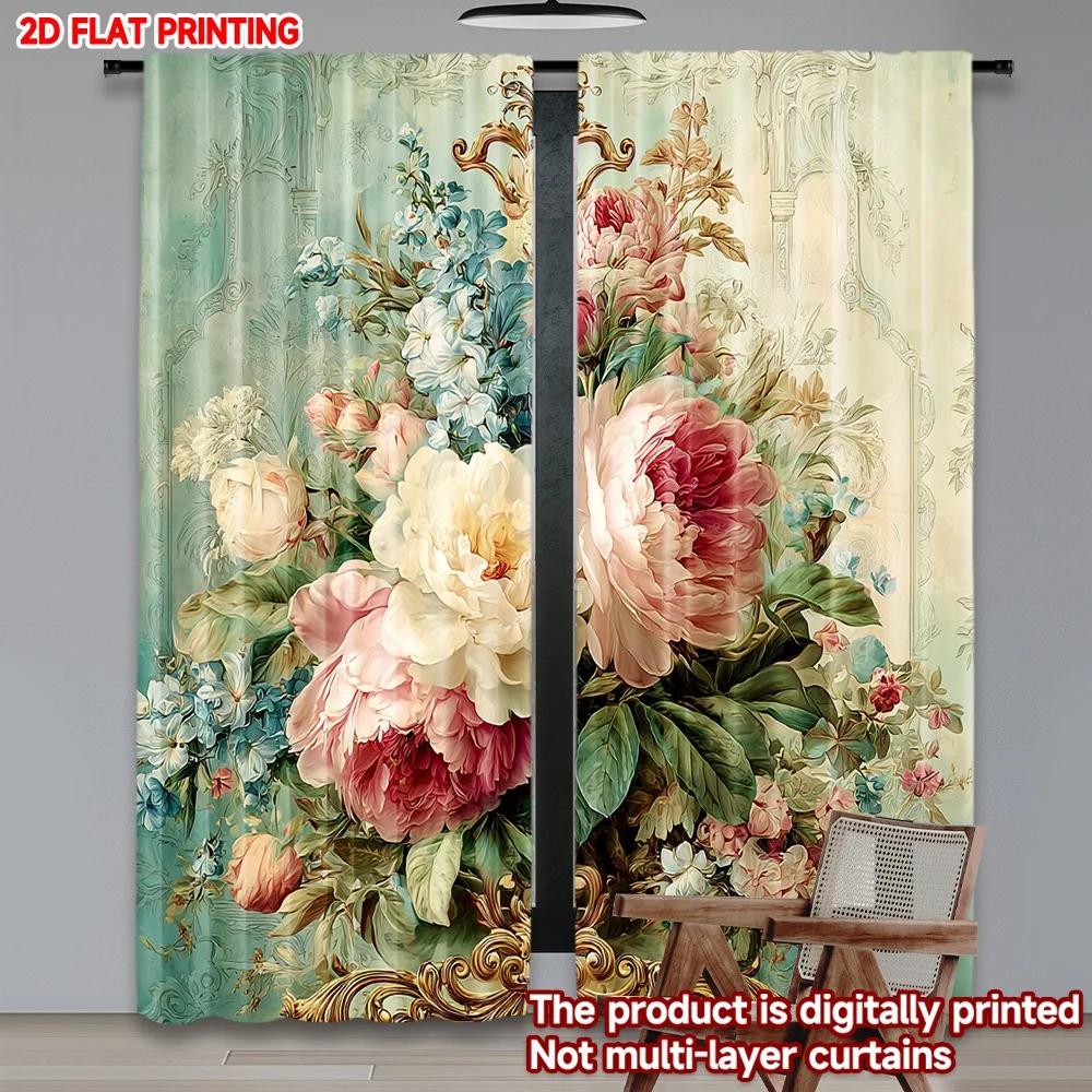 2pcs Pink White Floral Curtains   Large Blossoms with Green Leaves Blue Flowers Light Background for Living Room Bedroom