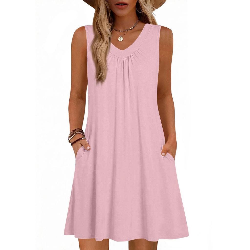 Women's Fashion Color Summer Sleeveless V-neck Vest Pocket Casual Loose Dress