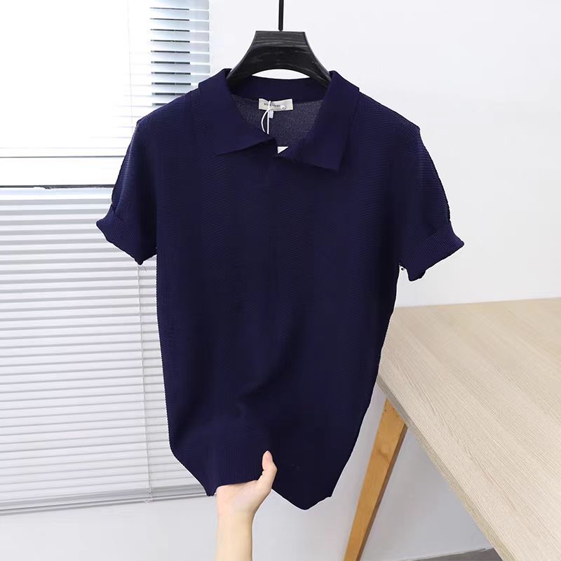

Американская ретро свободная текстурная трикотажная рубашка поло для мужчин летняя ретро футболка с отложным воротником дышащая в стиле old money с коротким рукавом M темно-синий