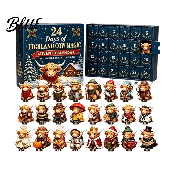 Desktop Holiday Ornaments 24 Days of 3D Highland Cow Christmas Advent Calendar, Cute Farm Party Favors Cattle Countdown Calendar with Mini Figurines