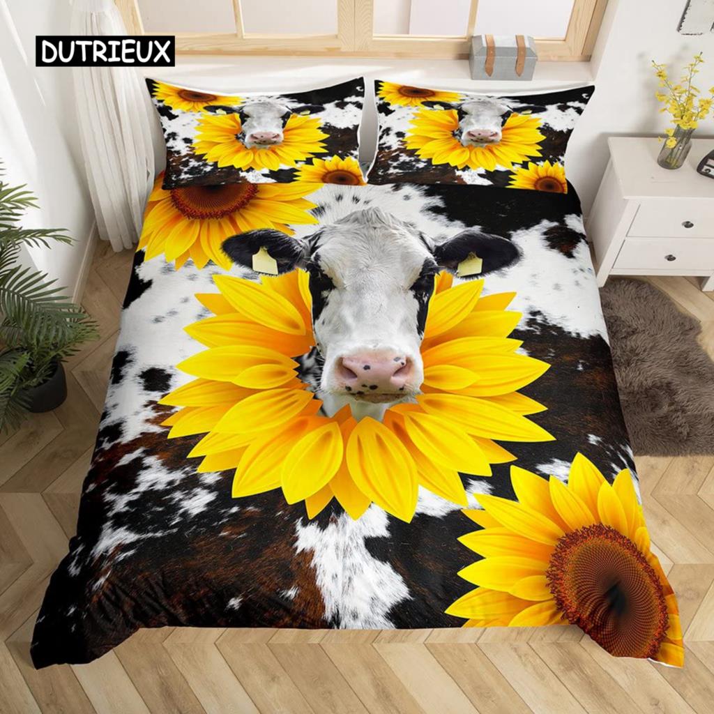 Cow Duvet Cover Set King Microfiber Milk Cow as well as Yellow Sunflower Print Comforter Cover Cute Animal as well as Floral Theme Bedding Set