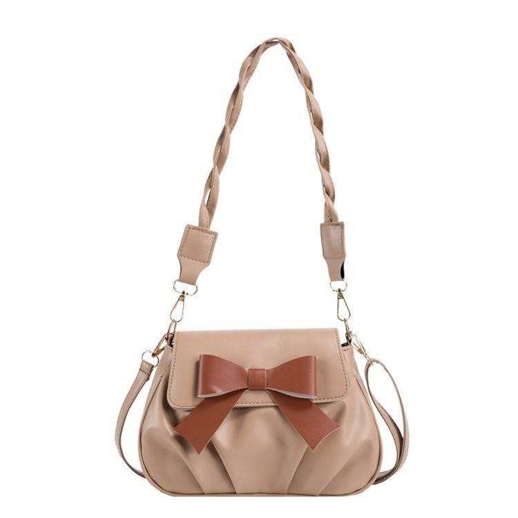 Retro Fashion Pleated Design Womens Small Bowknot Bag In Khaki Black And Cream