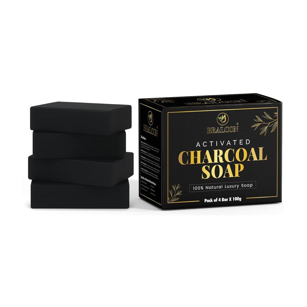 Activated Charcoal Soap for Deep Cleansing, 100% Natural Luxury Bar, Black, Pack of 4, 100g Each, BRALCON