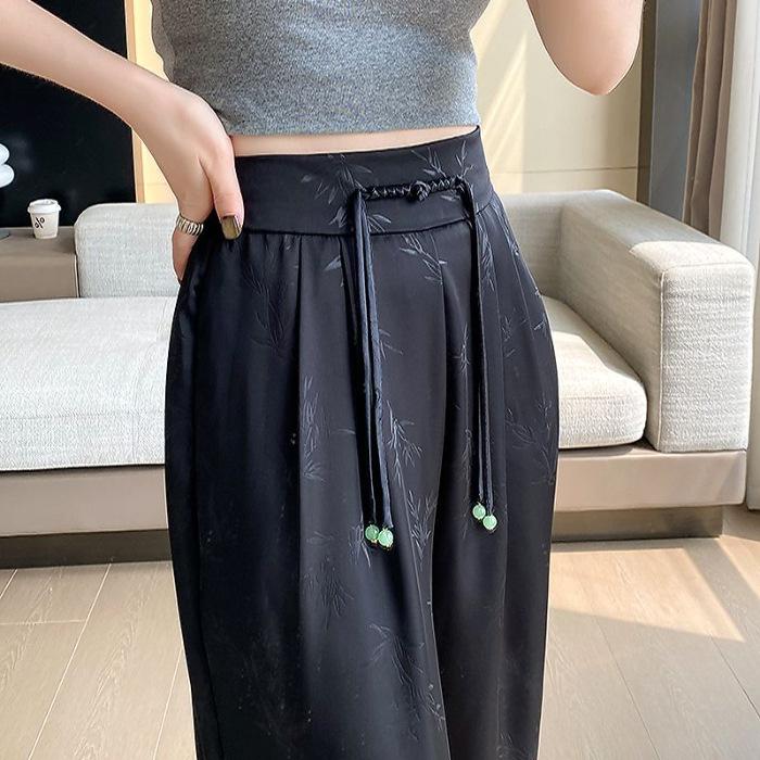 Women s Summer New Chinese Style Ice Silk Wide Leg Pants,Retro Frog Button Jacquard Casual Sunscreen Trousers M чёрный