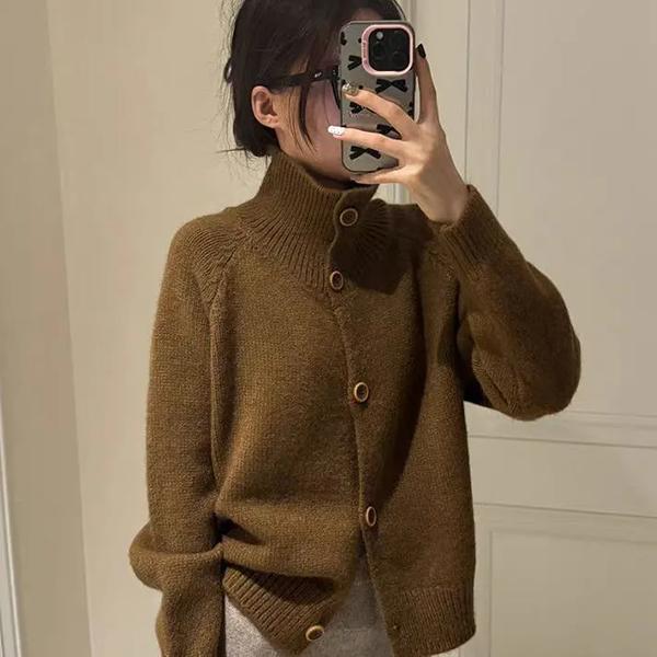 

WTEMPO Stand Collar Long Sleeve Knitted Tops Casual Loose Button Cardigans Knitwear Women s Spring Autumn Elegant Sweater Coats One Size коричневый