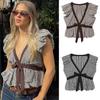 Summer New French Plaid Sleeveless Shirt, Women's V-neck Bow Tie Design Top