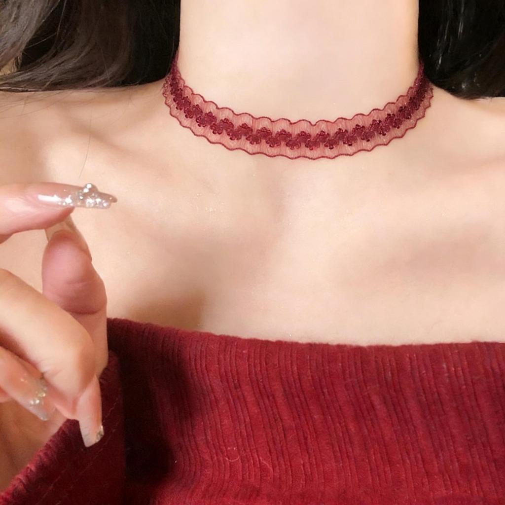 Wine Red Velvet Choker with Heart and Cross Pendant Necklace for Women