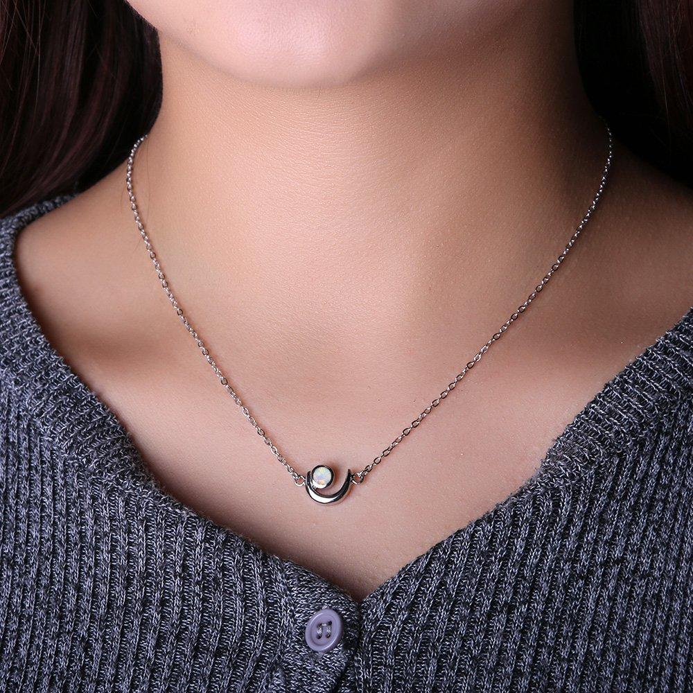 KELITCH Women's Choker Necklace with Synthetic Opal & Moon Oval Pendant (16-18 inch) Chain (White)