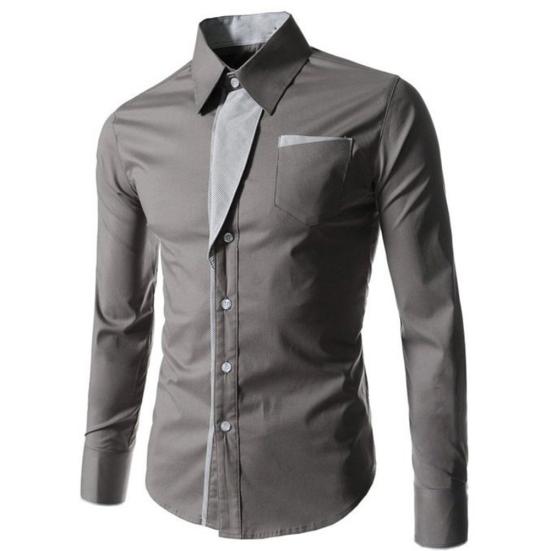 

Fashion Men Stand Collar Long Sleeve Color Block Button Up Shirt Slim Fit Top XXXL сірий