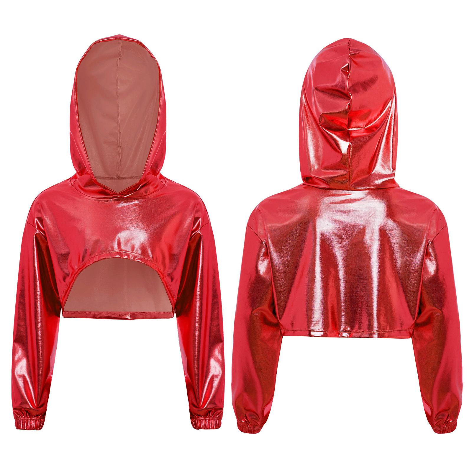 

Edgy Hip-Hop Costume Top for Kids Girls: Long Sleeve Cropped Metallic Hoodie with Dramatic Asymmetrical Hem for Shows 5-6 Years червоний