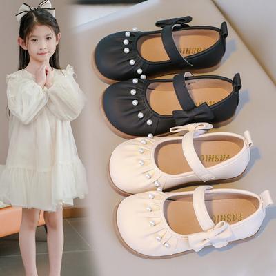 Girls Leather Shoes Pleated Elegant Kids Princess Shoes Korean Style Side Bows 2025 New Children Flat Shoes Non-slip Soft Sole