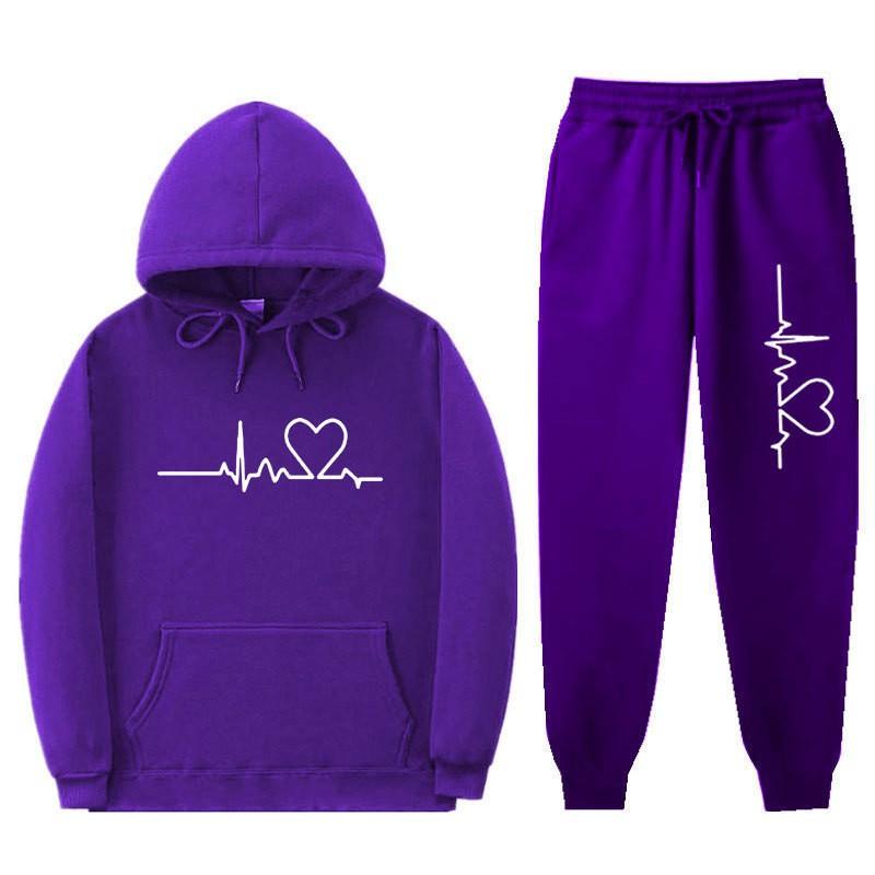 Unisex Oversized Hooded Sweatshirt Set With Heart Print Fleece Lined Casual Sportswear Fall