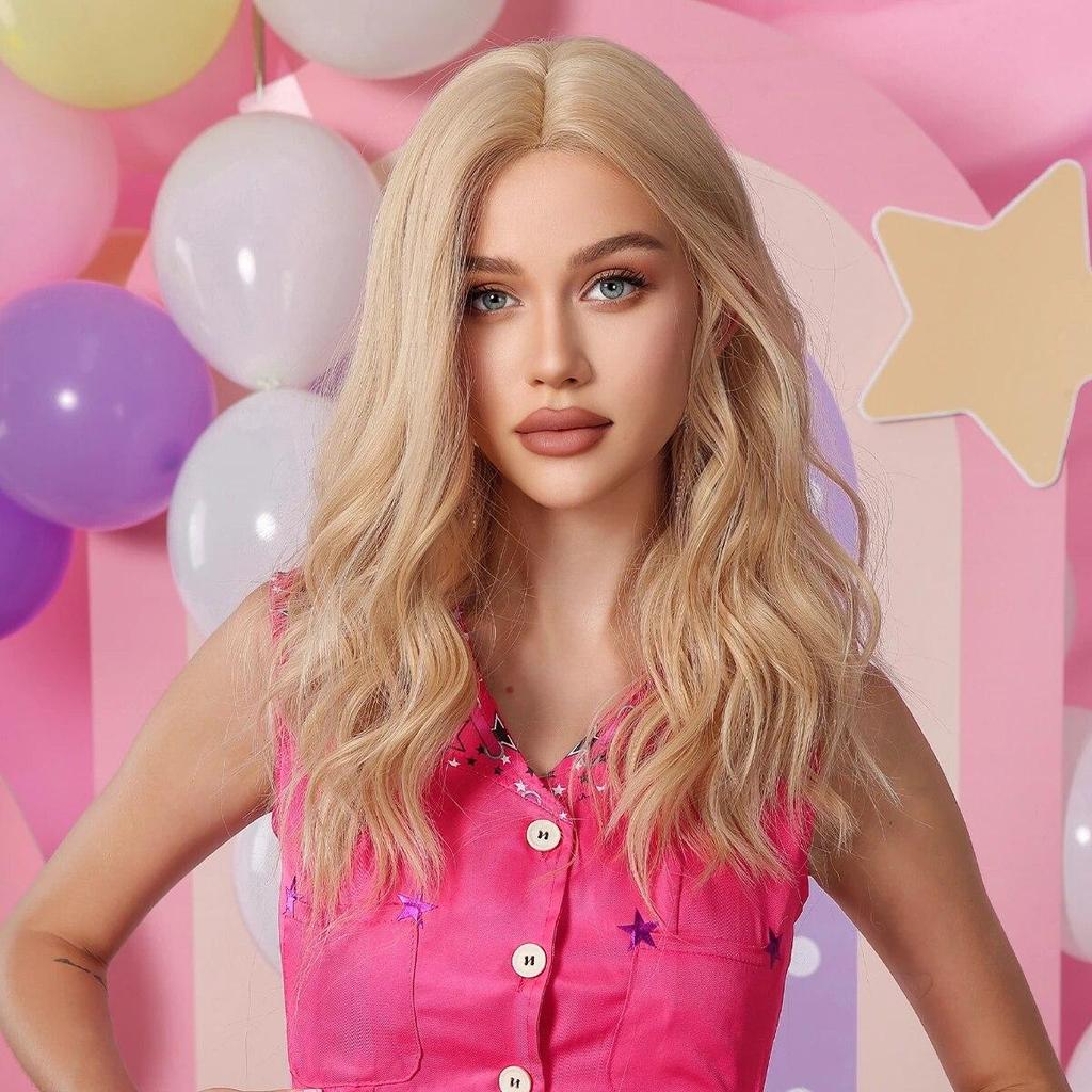 ALAN EATON Blonde Perücke mit langem lockigem Haar, Mittelscheitel, Spitzen-Haaransatz, Perücke für weiße Frauen, synthetische, natürliche, goldblonde Alltagsperücke