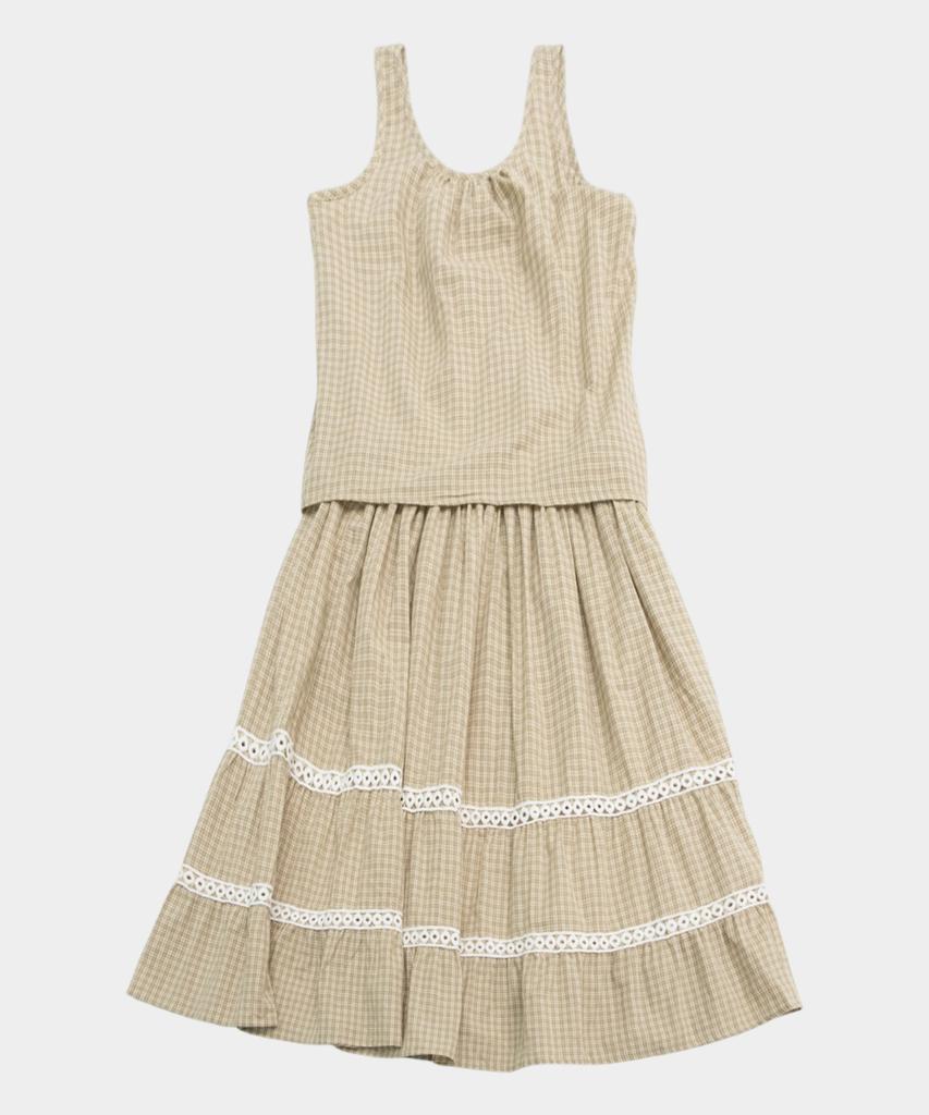 Some Place Check Mix Lace Voluminous Flare Tiered Shirred Sleeveless Layered Long Dress [Beige]