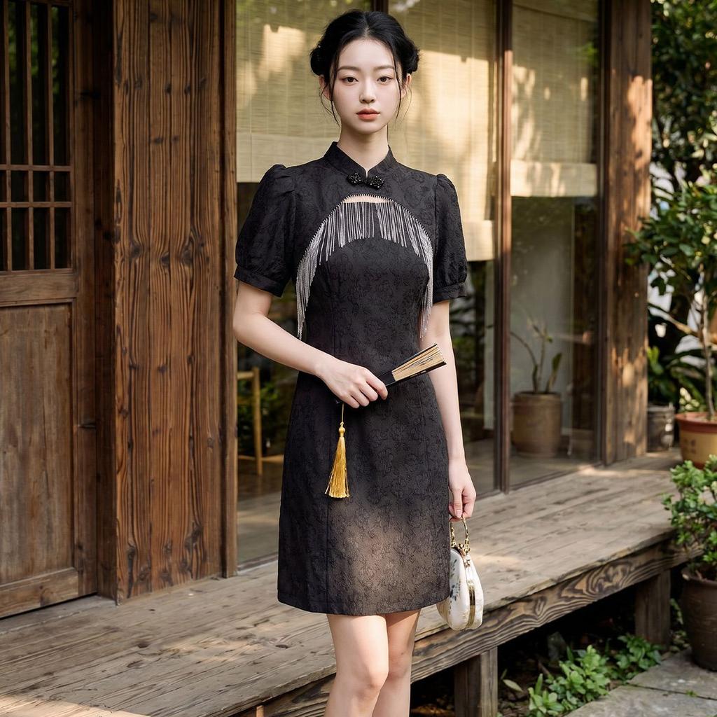 Plain white tassel sequence new Chinese style improved cheongsam dress