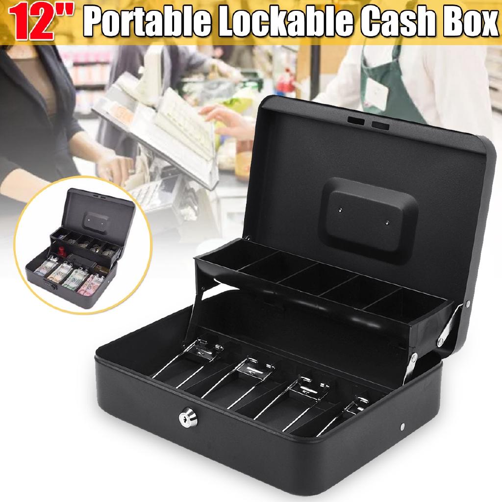 Metal Piggy Bank Key Lock Petty Coin Cash Money Box Pot Lockable Cash Box Deposit Security Cashier Drawer Storage Black 1 PC