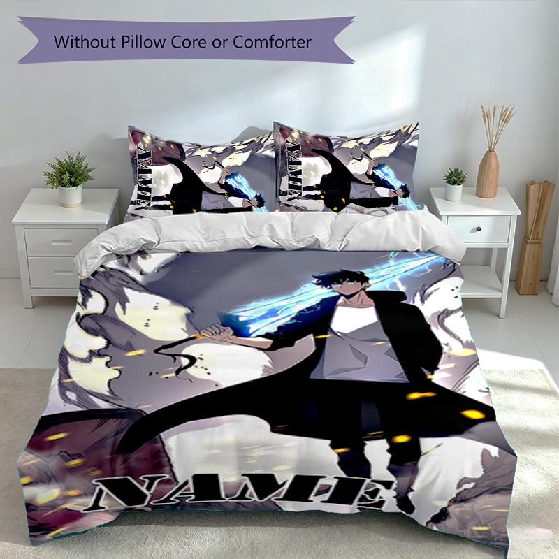 3pcs Custom Name Solo Leveling Bedding Set,Includes 1 Duvet Cover and 2 Pillowcases,All-season Bedroom Decor