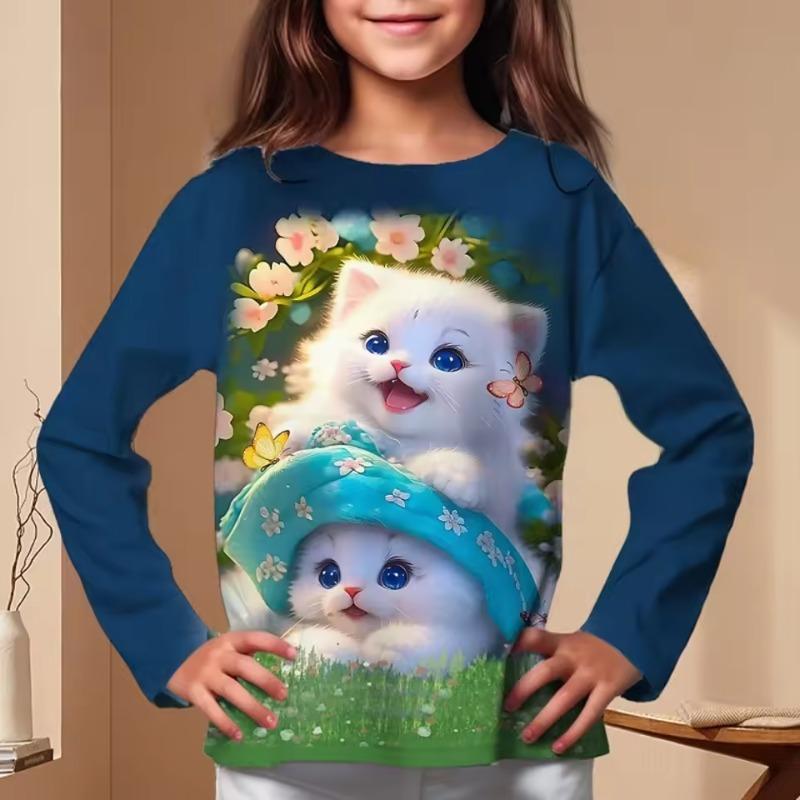 Abbigliamento Bambini Magliette Manica Lunga Bambina Maglietta Bambino Cartone Animato Girocollo Stampa Gatto Casual Abiti Estivi Bambina Top Maglietta