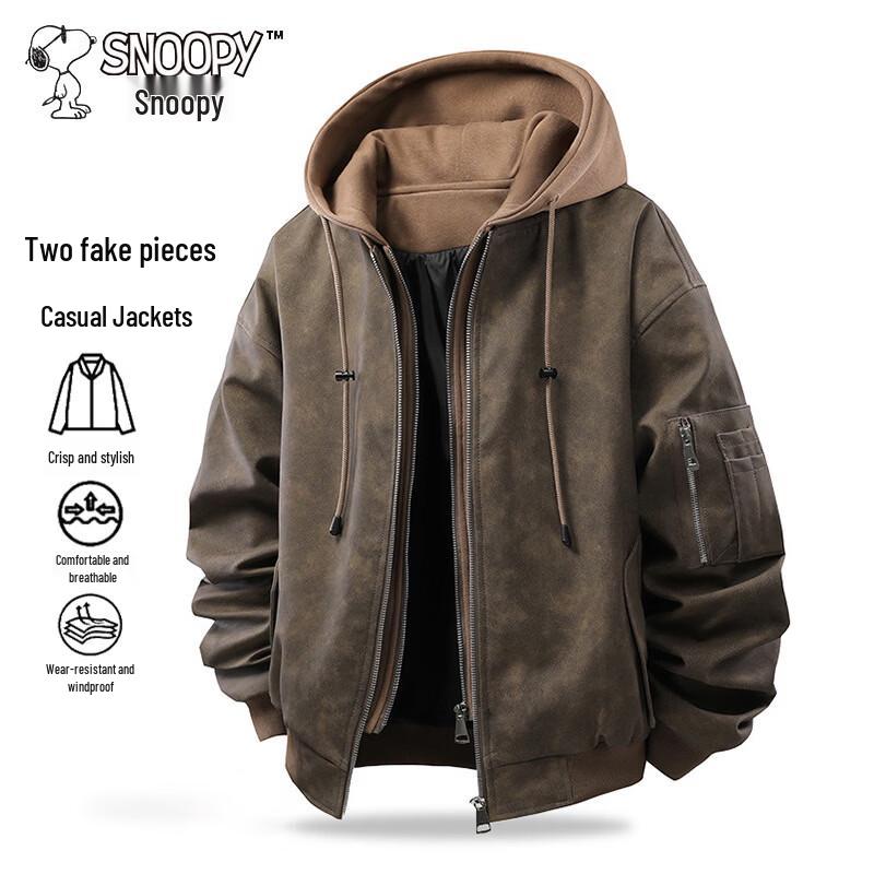 

Snoopy Men s Casual American Style Faux Two-Piece Hooded PU Leather Jacket L