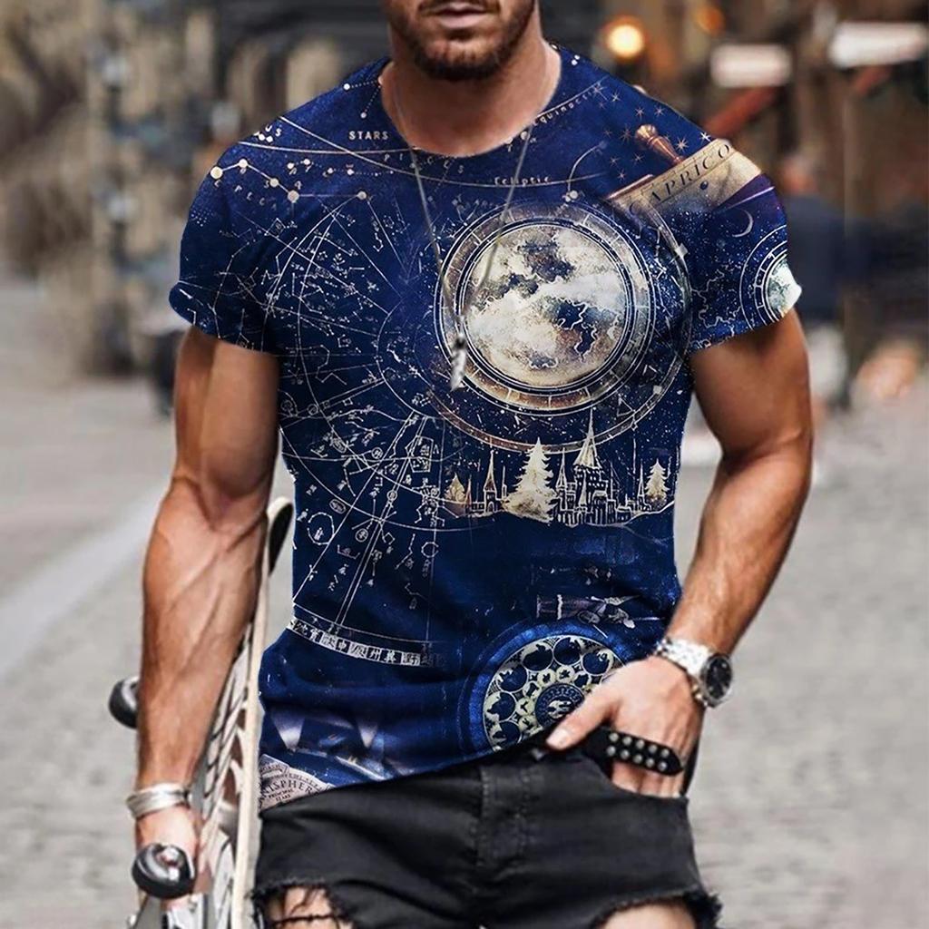 Summer Round Neck 3D Ethnic Pattern Print Top Fashionable Casual Short Sleeved Men's T-shirts