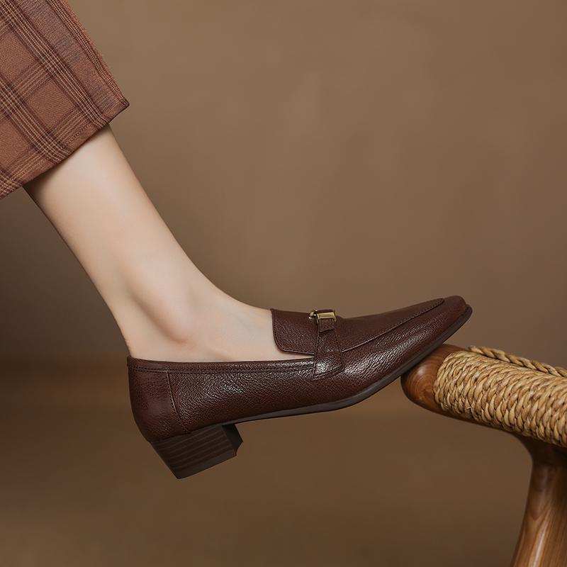 Fashion 2025 NEW Spring Women Loafers Square Toe Chunky Heel Shoes Genuine Leather Shoes for Women Slip-on Women Pumps Handmade Shoes