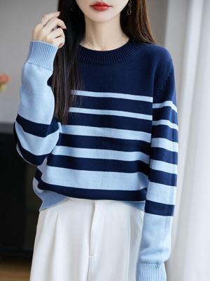 Women's 2025 Autumn/Winter Thick Striped Cotton Sweater - 100% Cotton Round Neck Knit