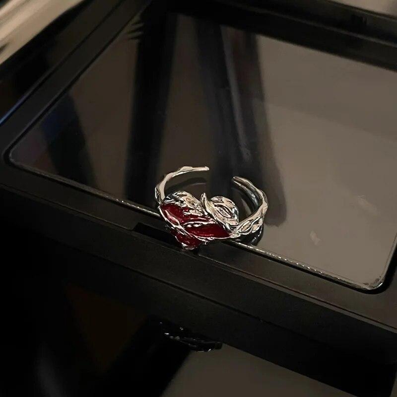 Vintage Red Enamel Cross Open Rings For Women Men Punk Hip Hop Irregular Lava Texture Rings Y2K Aesthetic Jewelry