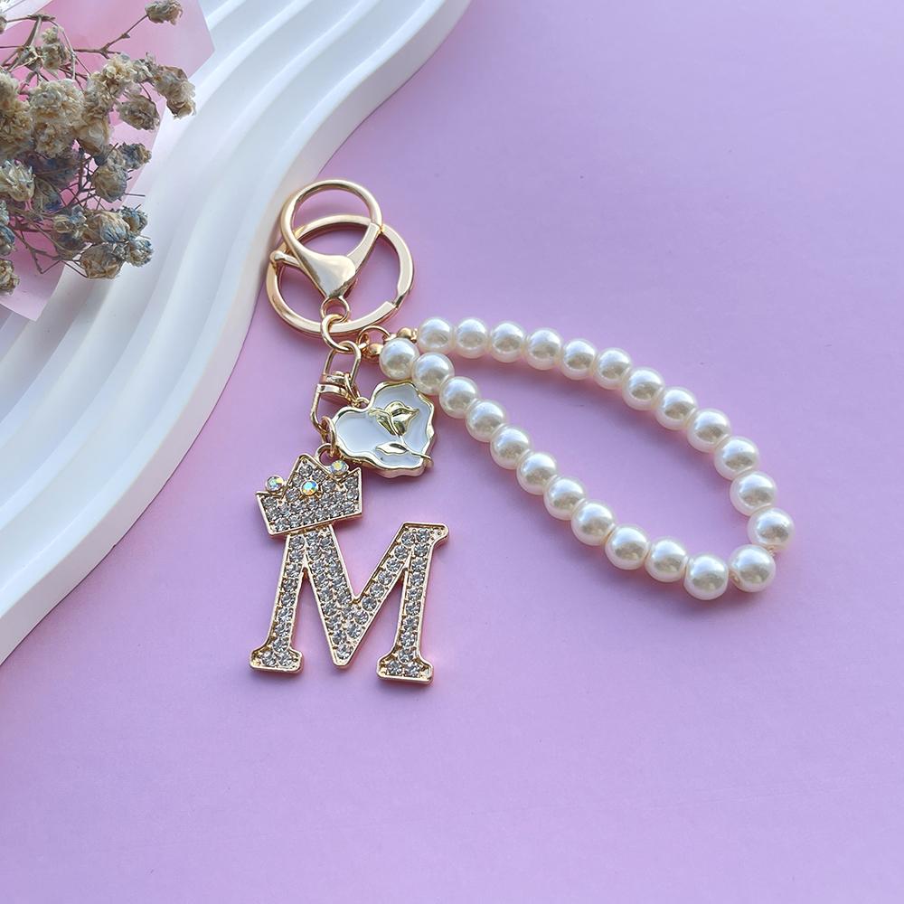 Boutique Crown A-Z 26 Initial Letters Rose Keyring Crystal Faux Pearl Resin Beaded Keychain Bag Pendant Women Girl Gifts Jewelry