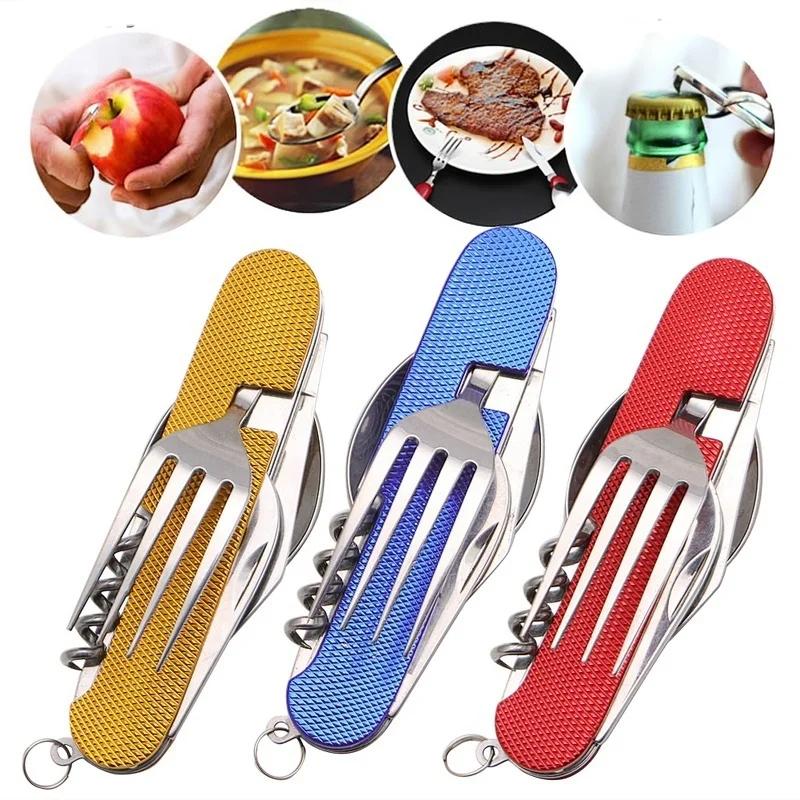 Edelstahl 4 in 1 Tragbares Outdoor-Taschenklappmesser Gabel Löffel Set Multifunktionales Besteck Löffel Gabel Messer Öffner