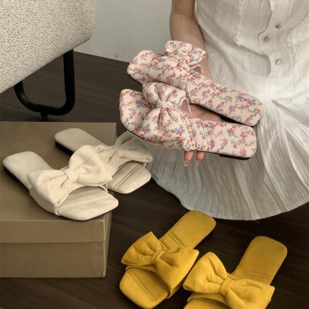Flat-bottomed bow small cool slippers fairy shoes new vacation beach shoes yellow sandals