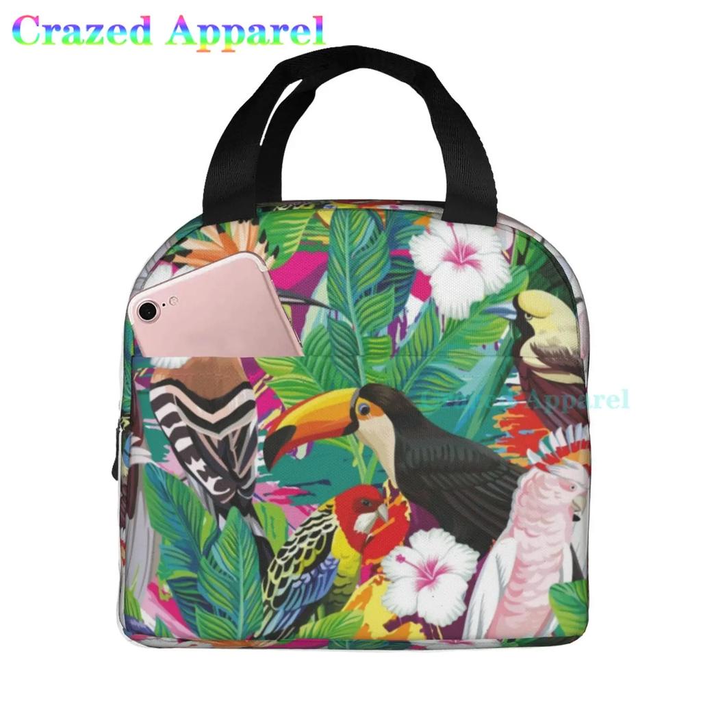 Painted Parrots Birds Plam Tree Oxford Cloth Lunch Bag Tote Lunch Box Reusable Cooler Organizer Bag For Unisex Fishing Picnic