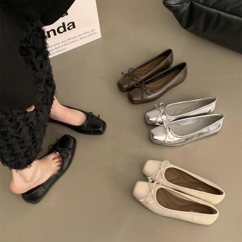 Fashion Flat Shoes for Women's Spring and Autumn Square Toe Casual Bow French Retro Plus Size Women's Shoes 42 43 44 Loafers Women