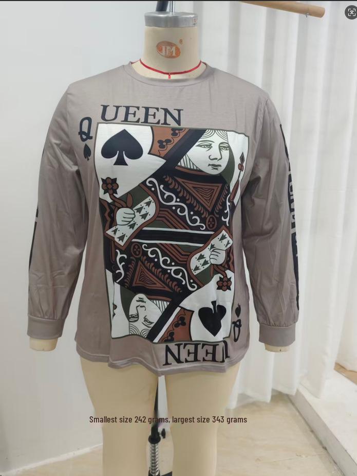 

Plus Size Women s Playing Card Print Round Neck Long Sleeve Hoodie 1XL