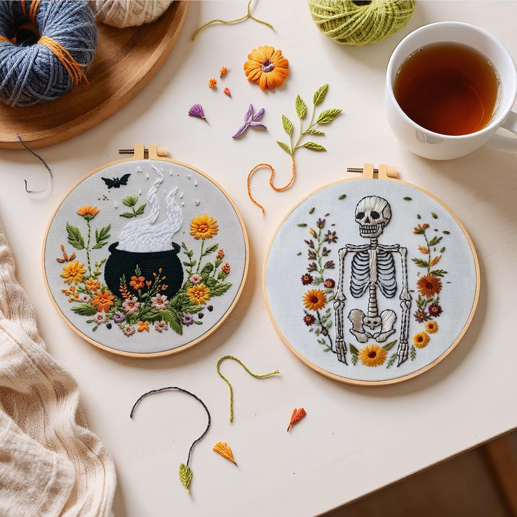 4pcs Stamped Cross Stitch Kits with Embroidery Hoop Needles Threads Instruction Cross Stitch Starter Kit with Halloween Patterns