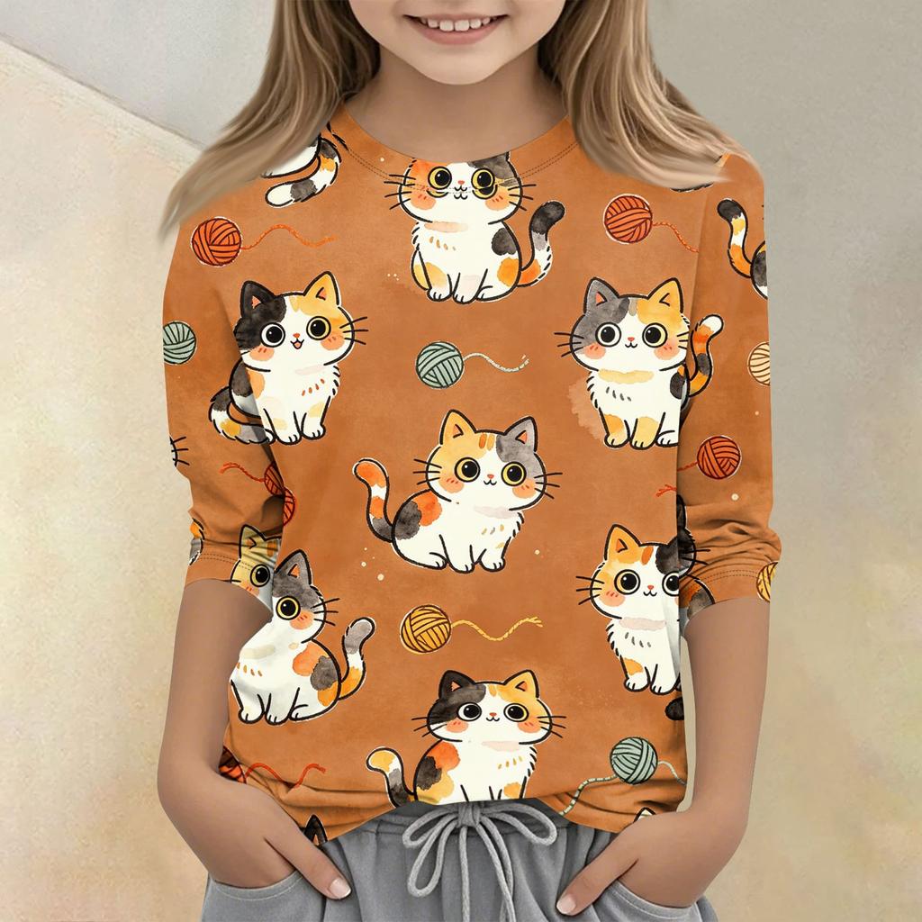 Kids Animal Print Crew Neck Three Quarter Sleeve Casual T Shirt Soft Comfortable Fit Lightweight Fabric Suitable for Everyday Wear