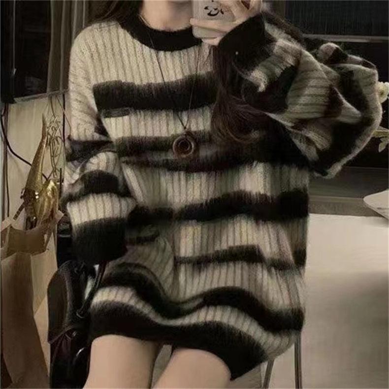 Loose Design Crewneck Pullover Knitted Sweater Color Contrast Long Sleeve All-match Sweater Women's Top