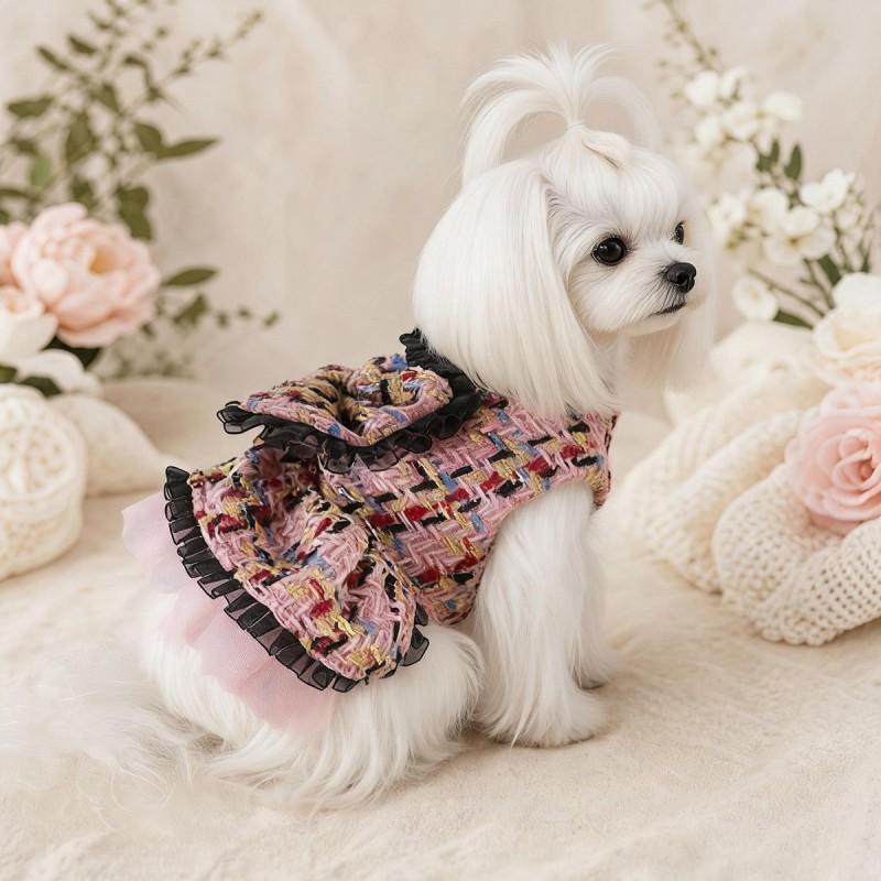 Pet Plaid Dress With Harness Loop Small Dogs Cats Winter Warm Princess Style