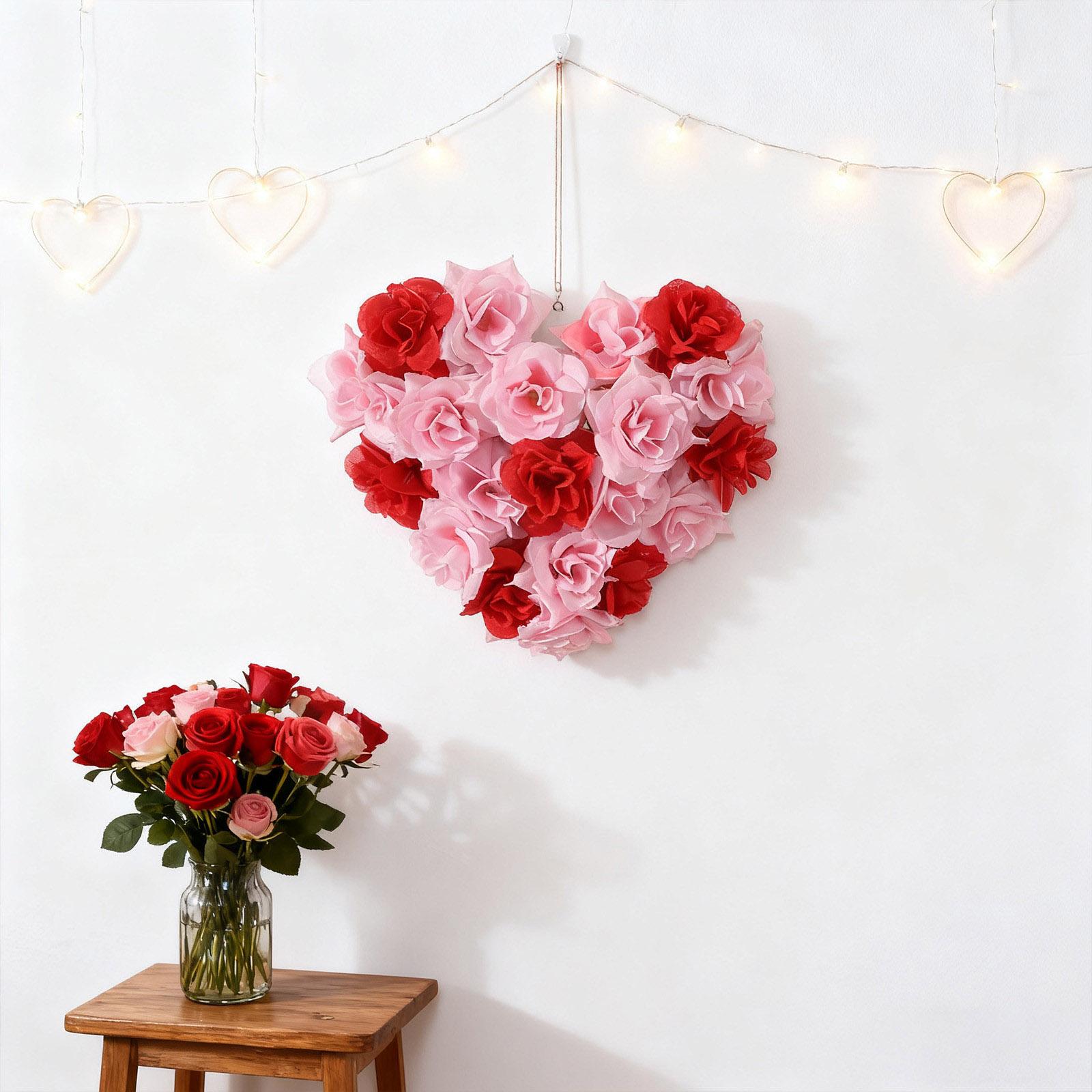 Valentine Decor Heart Wreath Red Rose Garland Wall Hanging Valentine S Day Floating Pearls For Centerpieces Christmas розовый