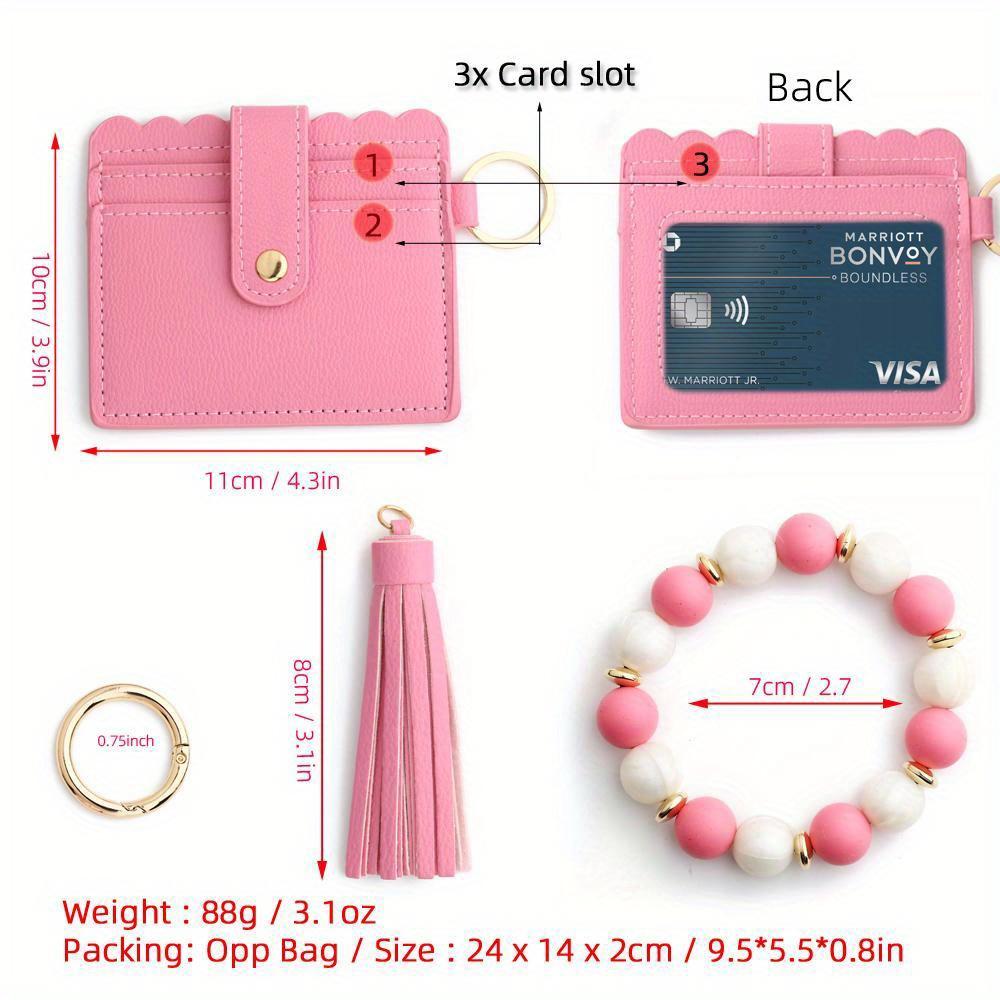 2024 Silikonperlenarmband Solide Lederkartenetui Handgelenkband Schlüsselanhänger Silikonperlenarmband Lederquaste Geldbörse Armreif