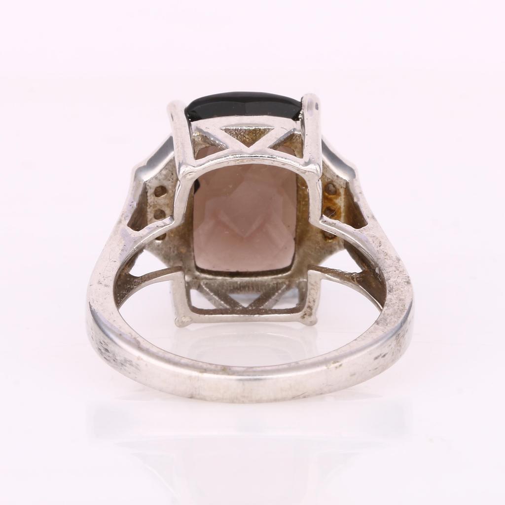 Smoky Quartz & White Topaz Ring 925 Sterling Silver Rhodium Plated Cushion Gemstone Ring for Women