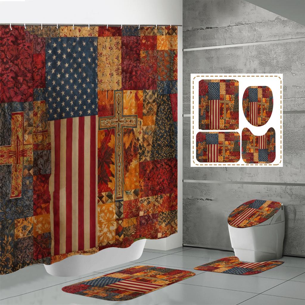 4PCS  Shower Curtain Sets With Shower Curtain And Rugs Toilet Lid Rug U Shape Mat And Bath Mat Bathroom Set  With 12 Hooks